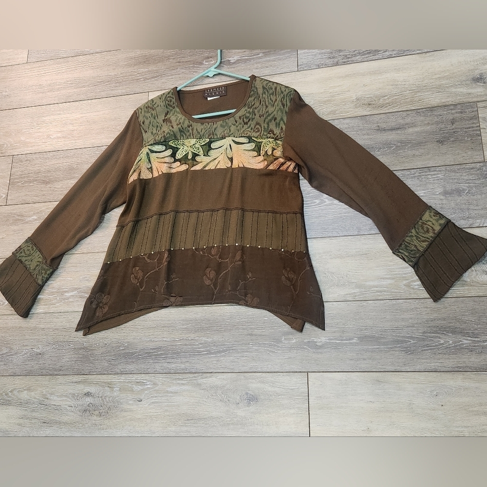 Spencer Alexis Vintage Women's Brown and Green Tunic Top With Bell Sleeve Size 4